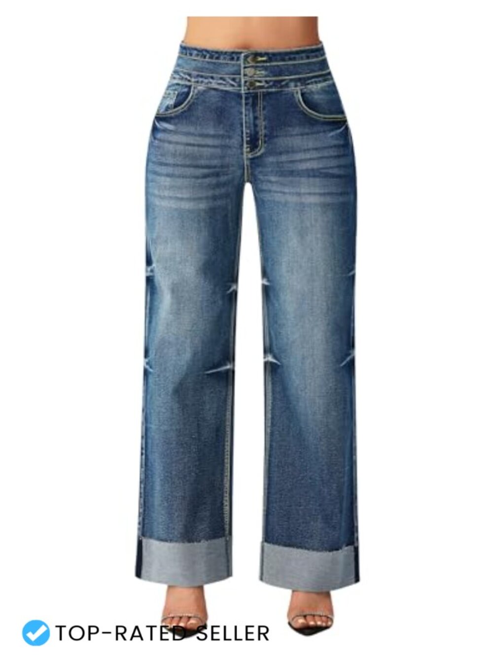 High Waisted Wide Leg Stretchy Jeans with Cuffed Hem